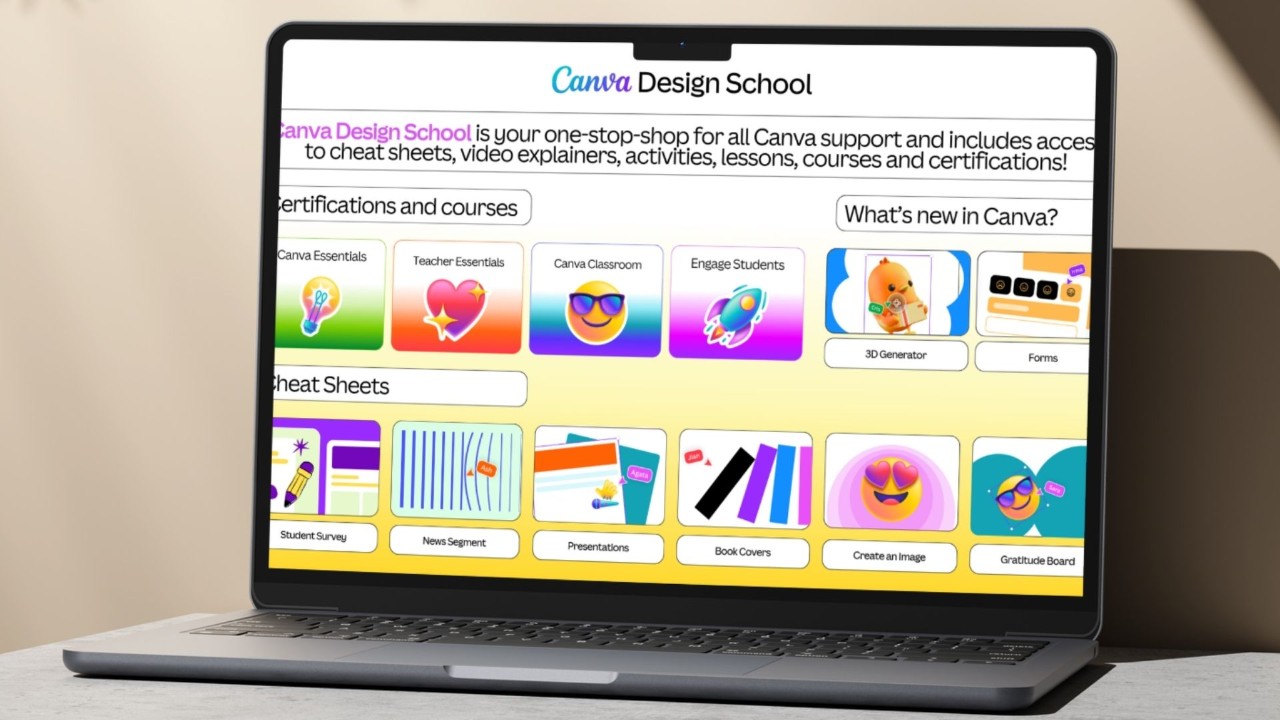 Image of a laptop with a screen shot from Canva Design School.