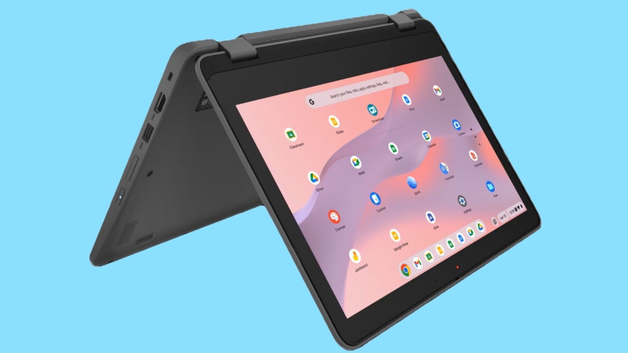 Image of a laptop folded over with the ChromeOS desktop background.