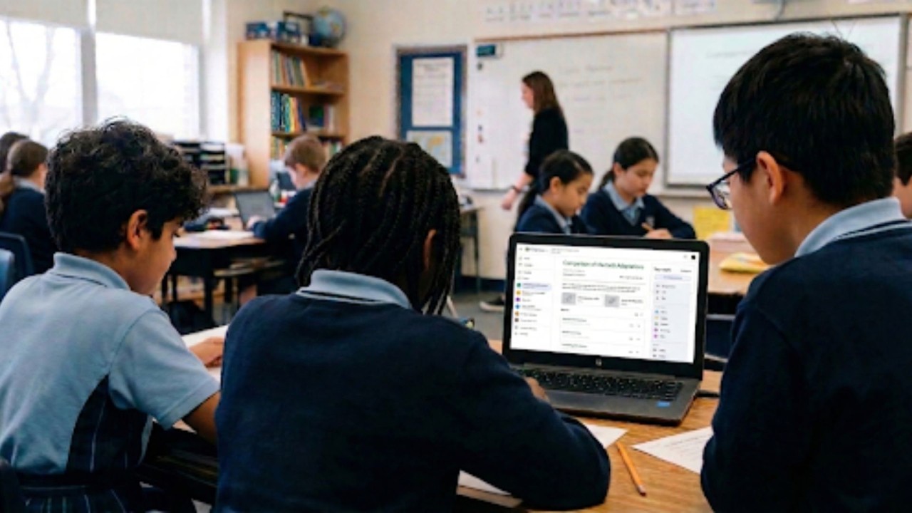 Students sitting in a classroom looking at a laptop.