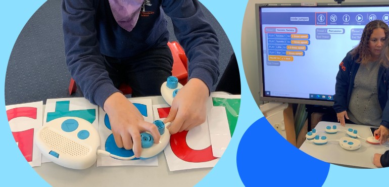 A student using Code Jumper for independent learning. Second image of a teacher demonstrating the use of Code Jumper.