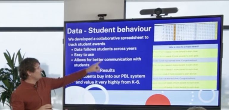 Tom discussing the Positive Behaviuor for Learning program using a smart board.